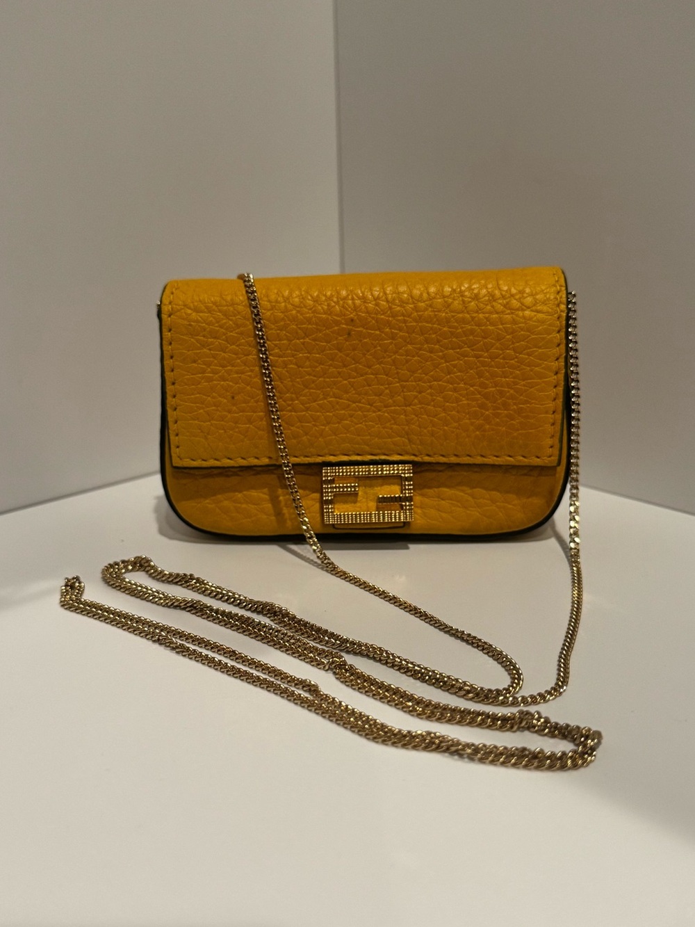 Fendi Nano Baguette Crossbody, charm  Bag. Yellow Leather Gold Chain Hardware.